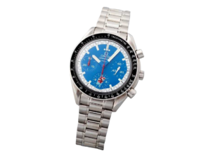 Lot #3206 Stainless Steel Omega Speedmaster Blue Cart Logo Watch Chronograph Omega