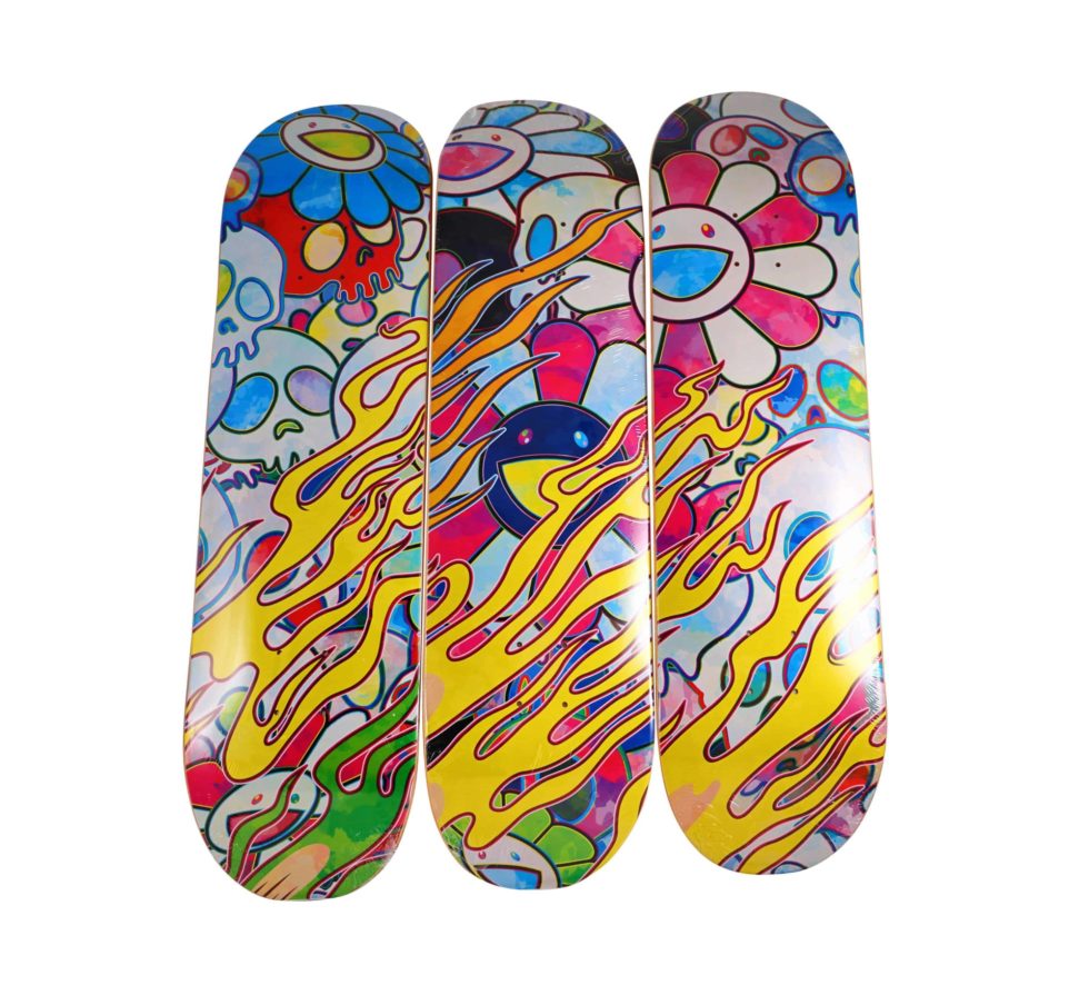 Lot #15122 – Takashi Murakami Flaming Skull Rainbow Skateboard Deck Set Skateboard Decks ComplexCon