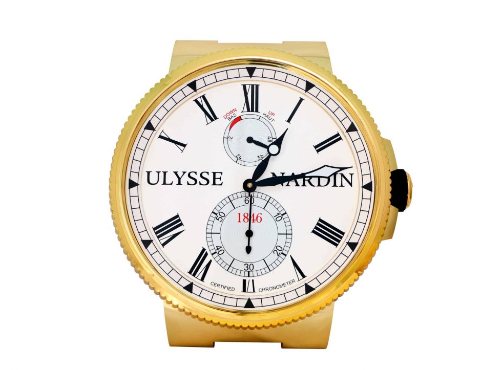Lot #14101 – Ulysse Nardin Marine Dealer Wall Clock Gold Tone Clocks Ulysse Nardin Clock