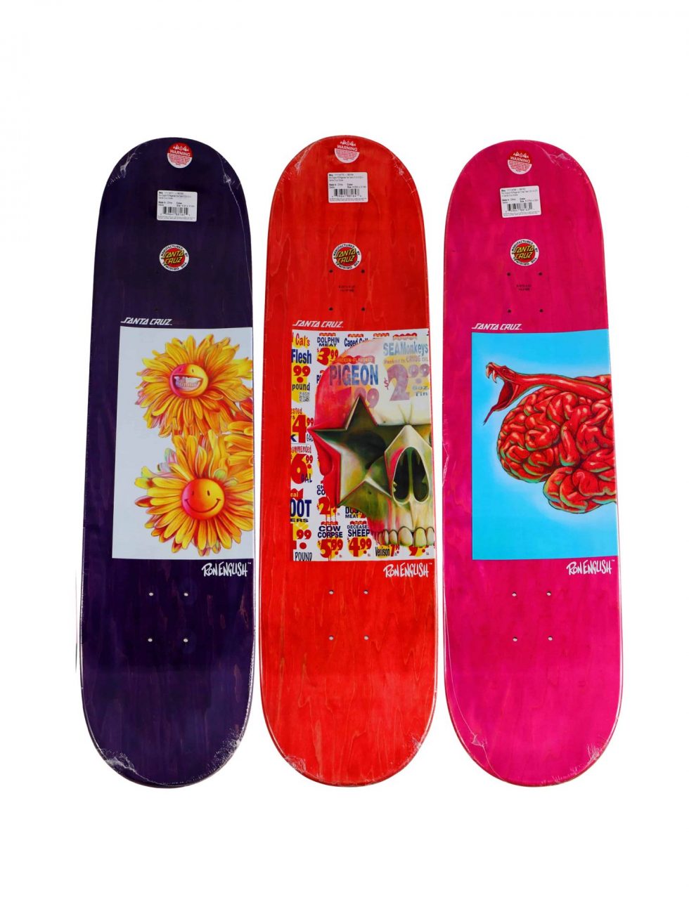 Lot #14548 – Ron English x Santa Cruz POPaganda Triptych Skateboard Deck Set Ron English Ron English