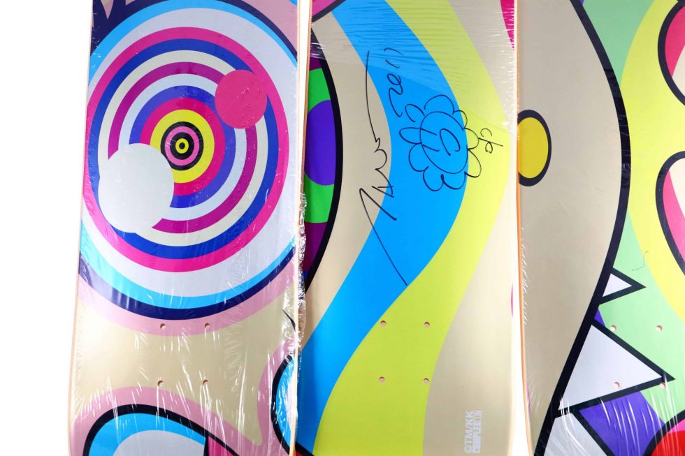 Lot #15118 – Takashi Murakami Signed Triptych DOB Skateboard Decks Skateboard Decks ComplexCon