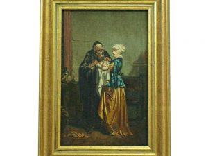 Lot #12844 – Antique Oil Painting on Canvas Man Woman Child Framed Art Art