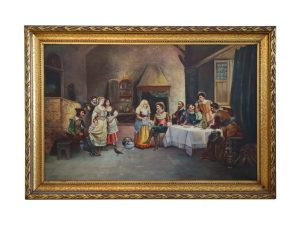 Lot #14296 – Tavern Oil Painting Canvas Gilt Frame Art Tavern Oil Painting