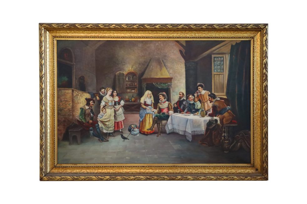 Lot #14296 – Tavern Oil Painting Canvas Gilt Frame Art Tavern Oil Painting