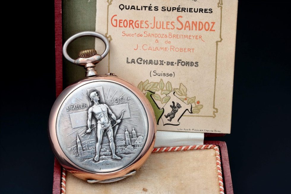 Lot #HB10-40 – George Sandoz LeCoultre Award Pocket Watch Georges-Jules Sandoz Archery