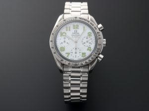 Lot #HB27-14 – Rare Omega Speedmaster MOP Green Arabic Chrono Watch 3834.72.35 On Bracelet 3834.71.33 3834.71.33